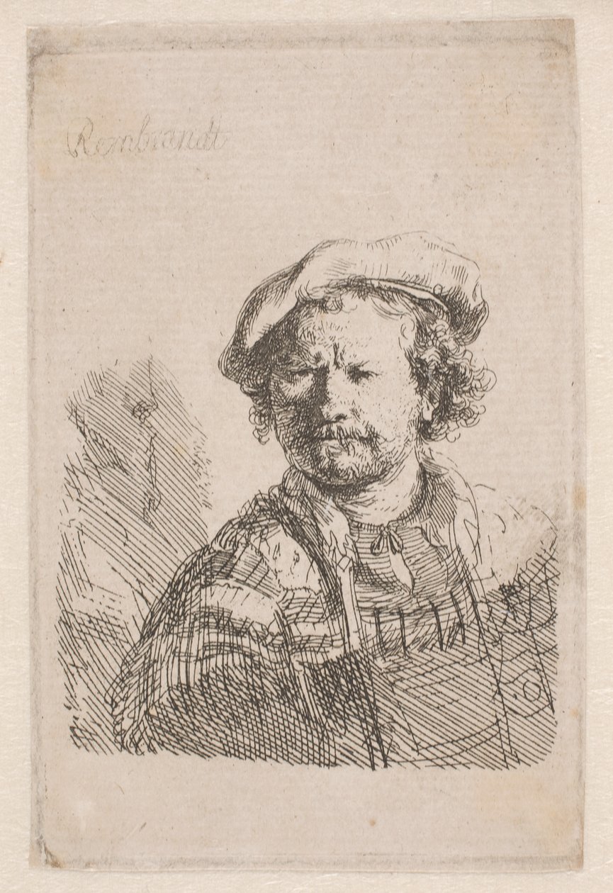 Rembrandt i en flad kasket med et sjal om skuldrene af Rembrandt van Rijn
