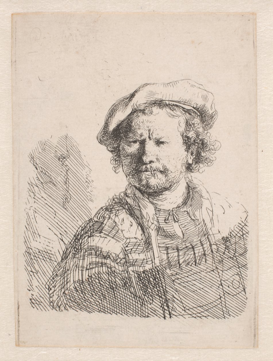Rembrandt i en flad kasket med et sjal om skuldrene af Rembrandt van Rijn