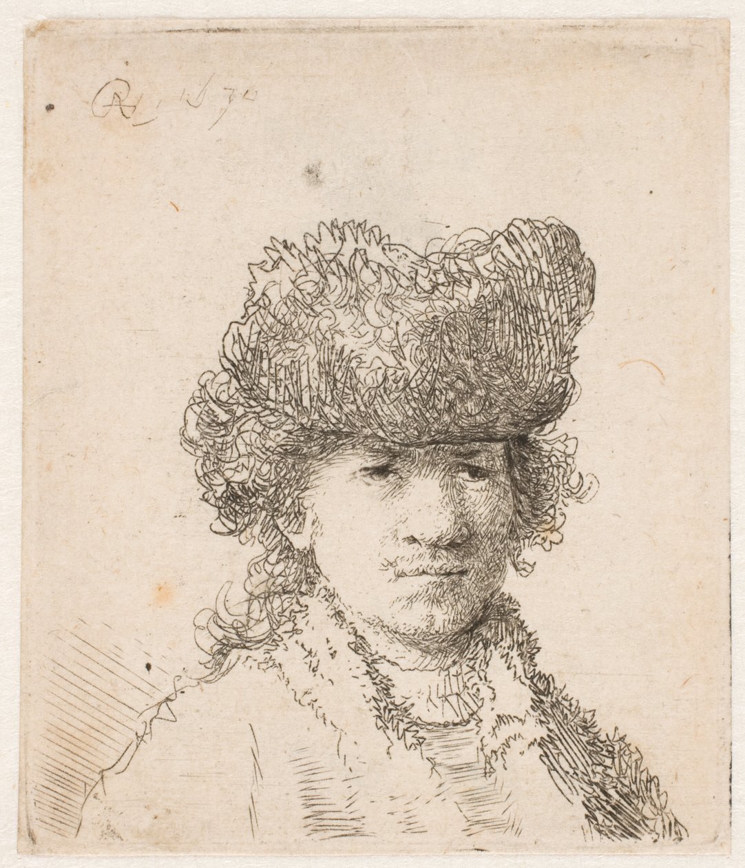 Rembrandt med pelshue: lyset på tøjet: brystbillede af Rembrandt van Rijn