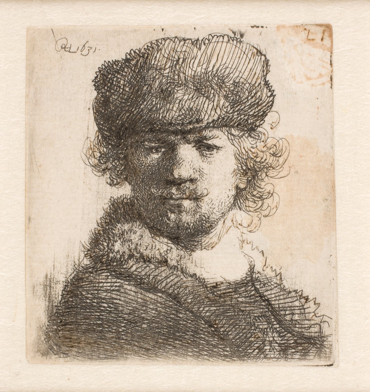 Rembrandt med en tyk pelshue: set forfra: brystbillede af Rembrandt van Rijn