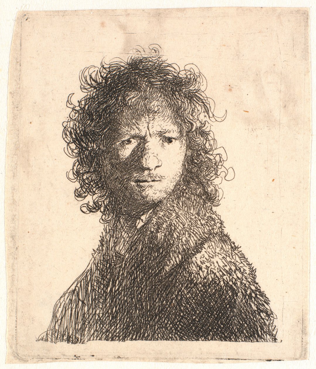 Rembrandt flækket, i skarpt lys fra højre: kigger over skulderen: buste af Rembrandt van Rijn