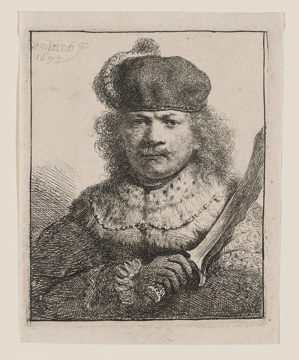 Rembrandt med løftet sabel af Rembrandt van Rijn