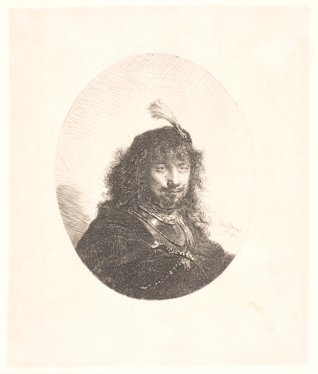Rembrandt med fjerprydet hue og sænket sabel: trekvartfigur: efterfølgende buste i oval ramme af Rembrandt van Rijn