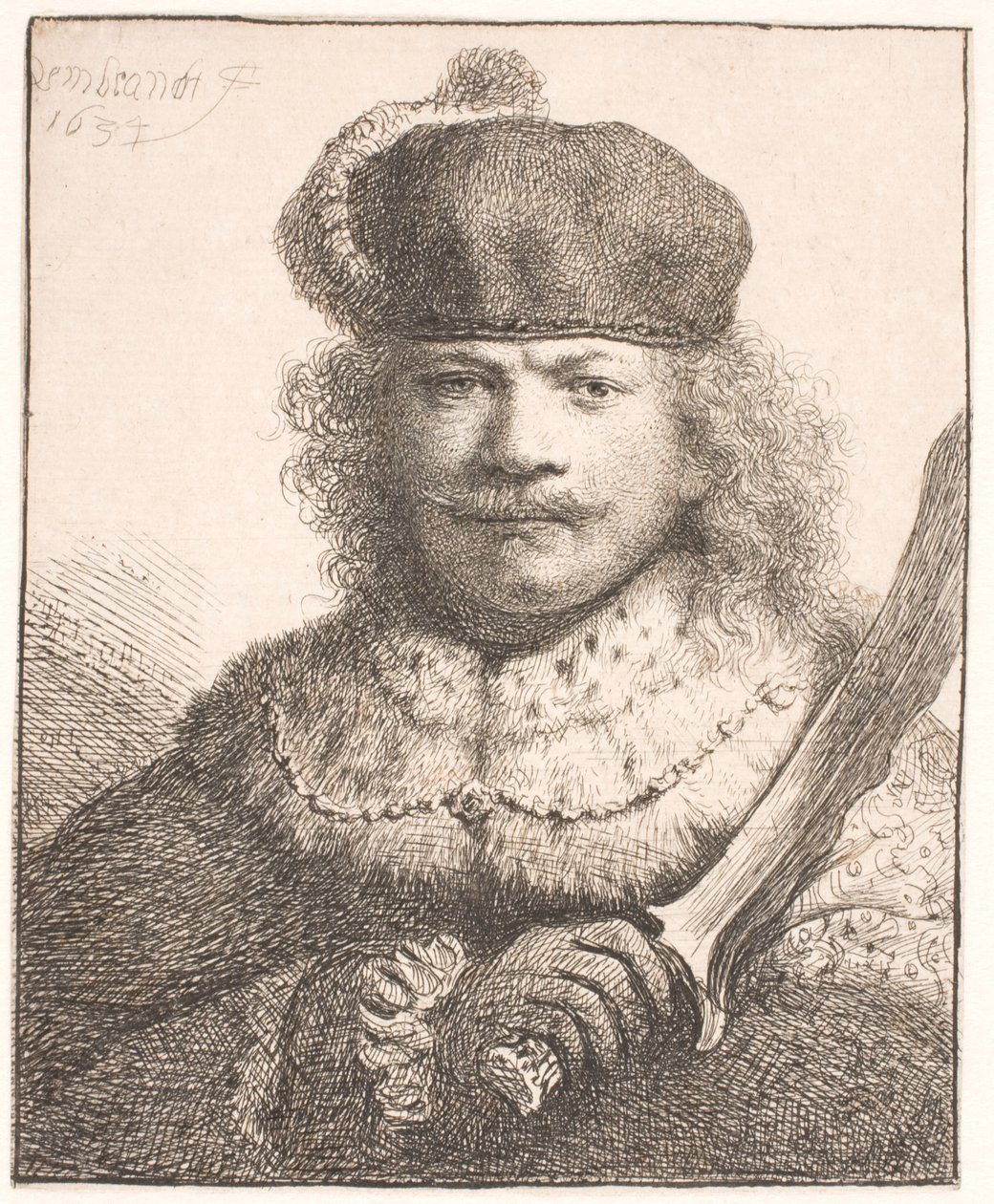 Rembrandt med løftet sabel: halvfigur af Rembrandt van Rijn