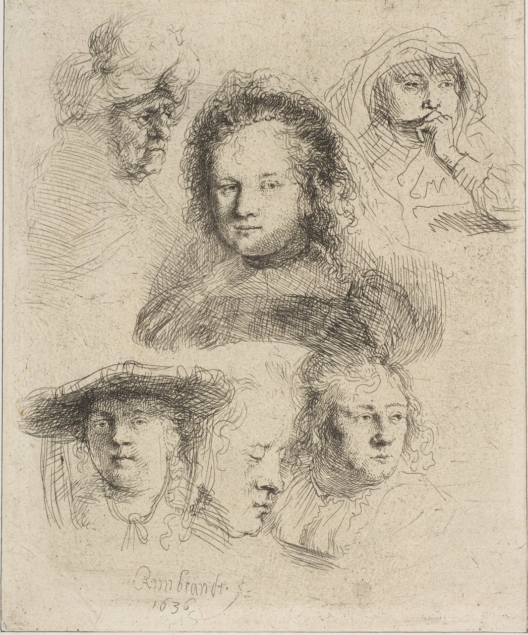 Rembrandts kone og fem andre hoveder, 1636. af Rembrandt van Rijn