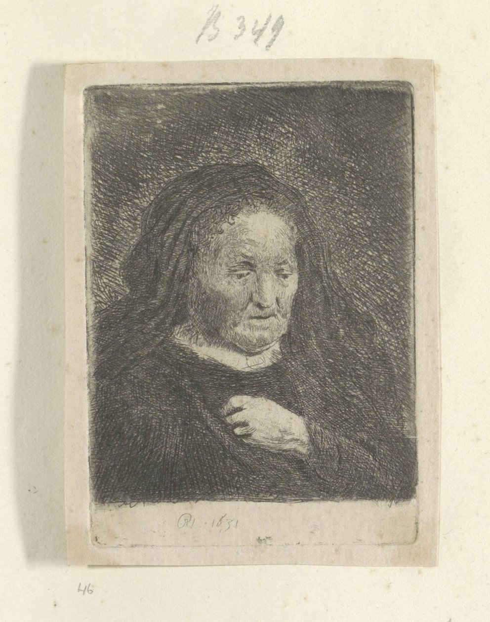 Rembrandts mor med hånden på brystet: lille buste Recueil de quatre-vingt-cinq estampes originales (serietitel) af Rembrandt van Rijn
