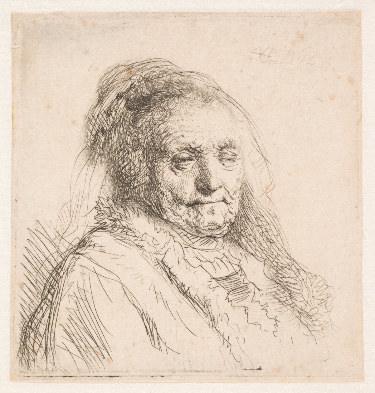 Rembrandts mor: hoved og brystbillede, trekvartprofil af Rembrandt van Rijn