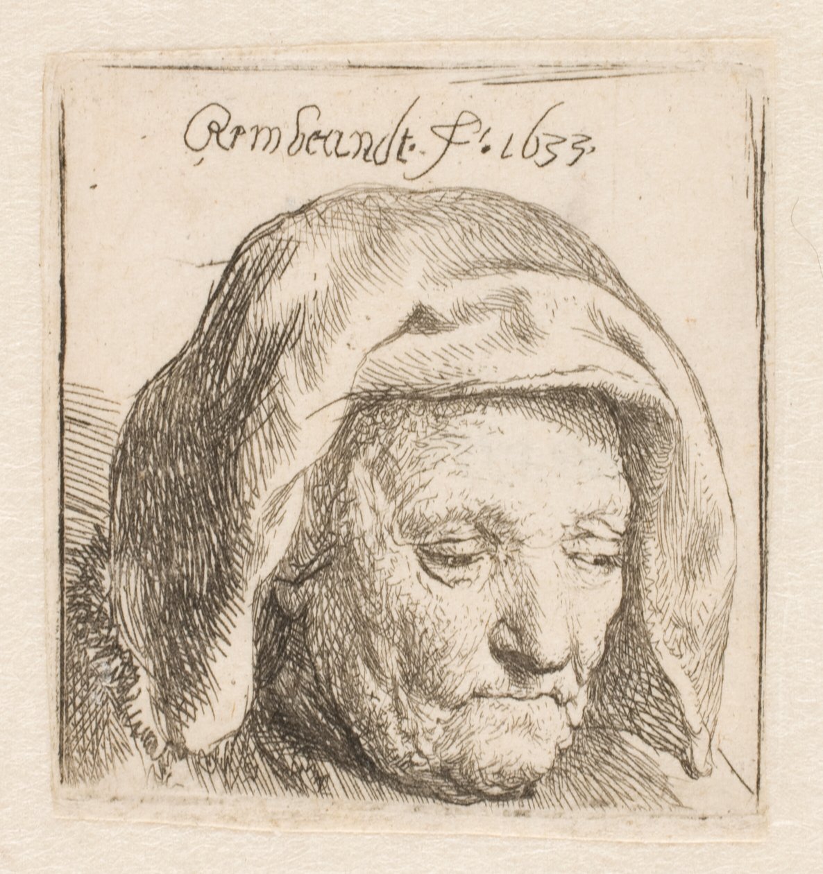 Rembrandts mor med et tørklæde om hovedet, der ser ned: kun hovedet af Rembrandt van Rijn