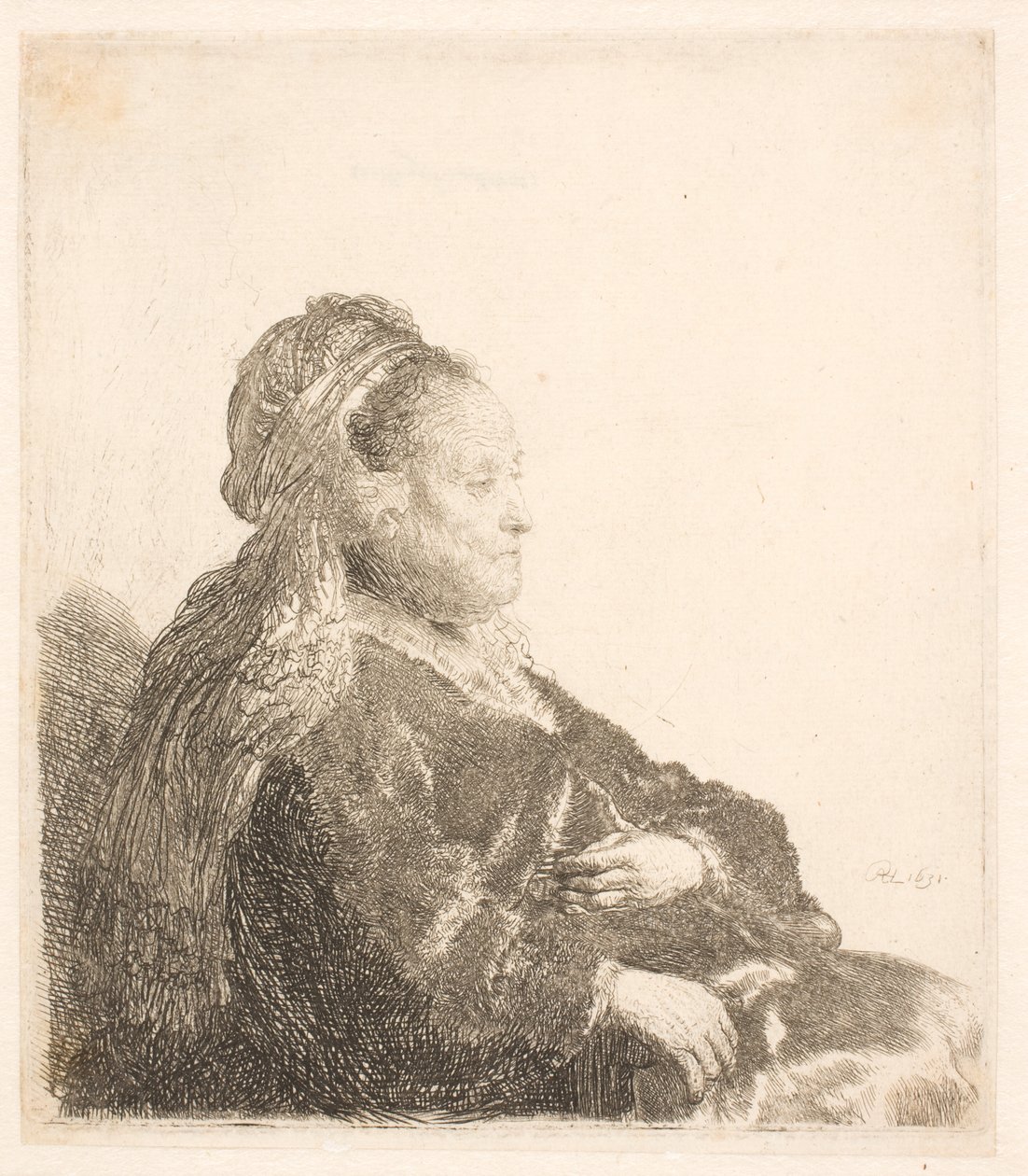 Rembrandts mor siddende vendt mod højre, i en orientalsk hovedbeklædning: halvlang, viser hænder af Rembrandt van Rijn