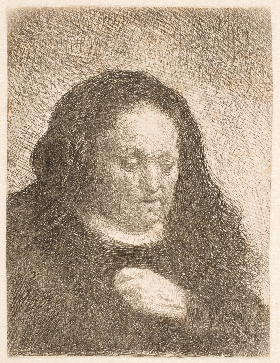 Rembrandts mor med hånden på brystet: lille buste af Rembrandt van Rijn