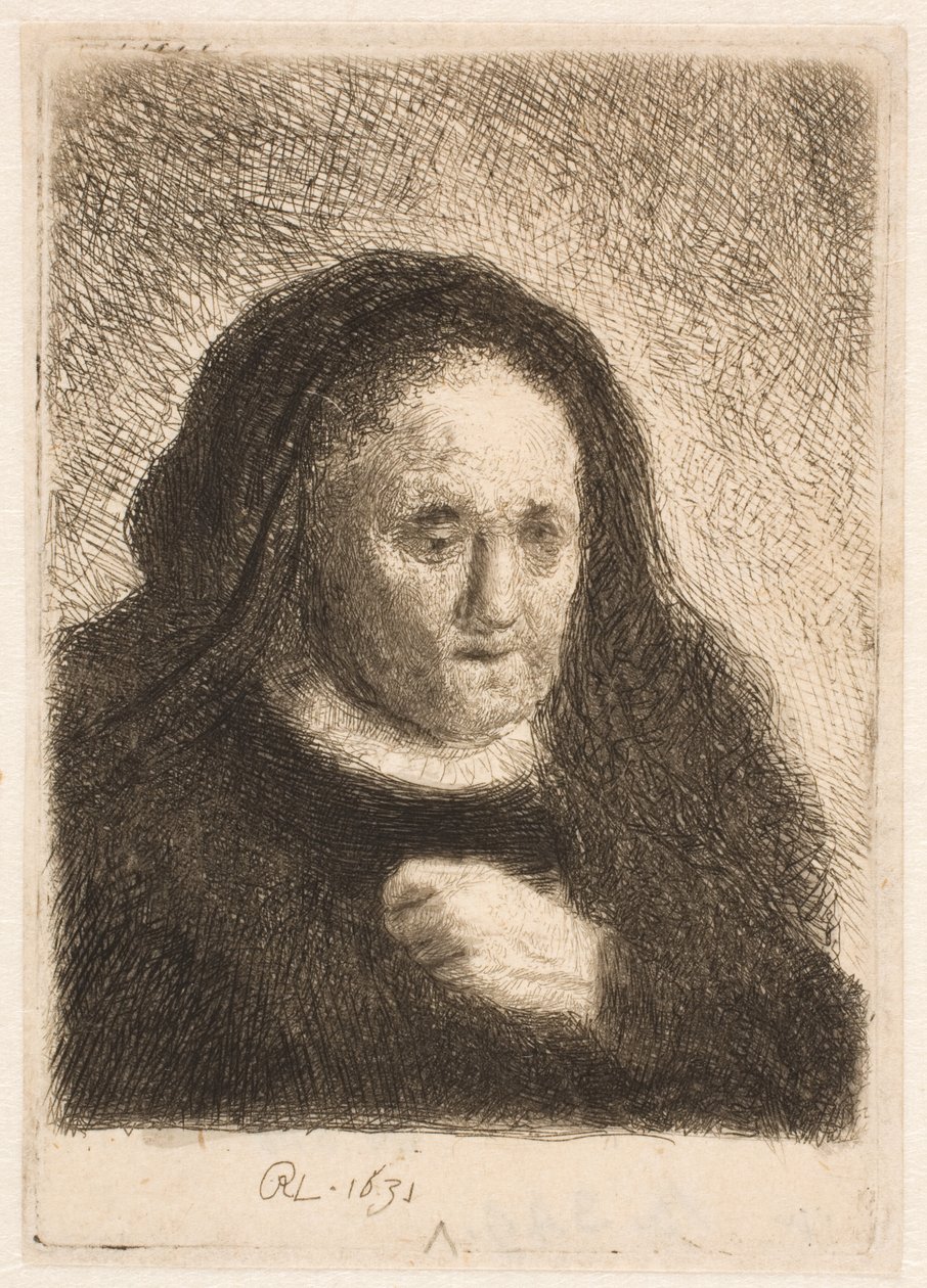 Rembrandts mor med hånden på brystet: lille buste af Rembrandt van Rijn