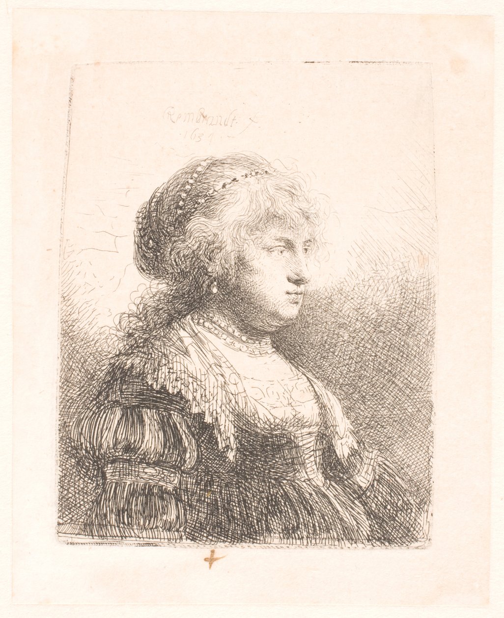 Rembrandts hustru Saskia, med perler i håret, brystbillede af Rembrandt van Rijn