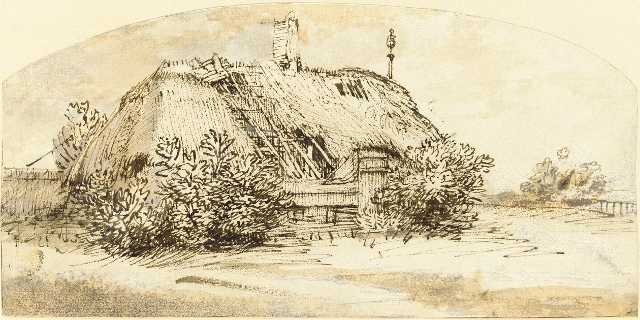 Ødelagt stråtækt sommerhus bevokset med buske af Rembrandt van Rijn