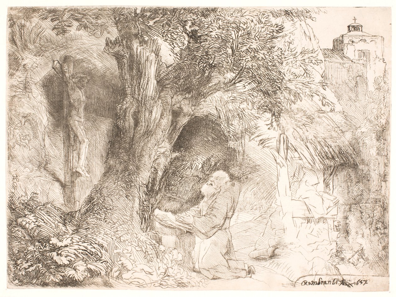 S. Francis under et træ og beder af Rembrandt van Rijn