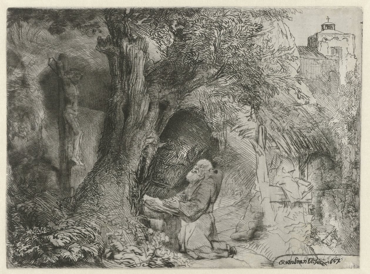 Saint Francis under et træ, beder St. Francis beder under et træ af Rembrandt van Rijn