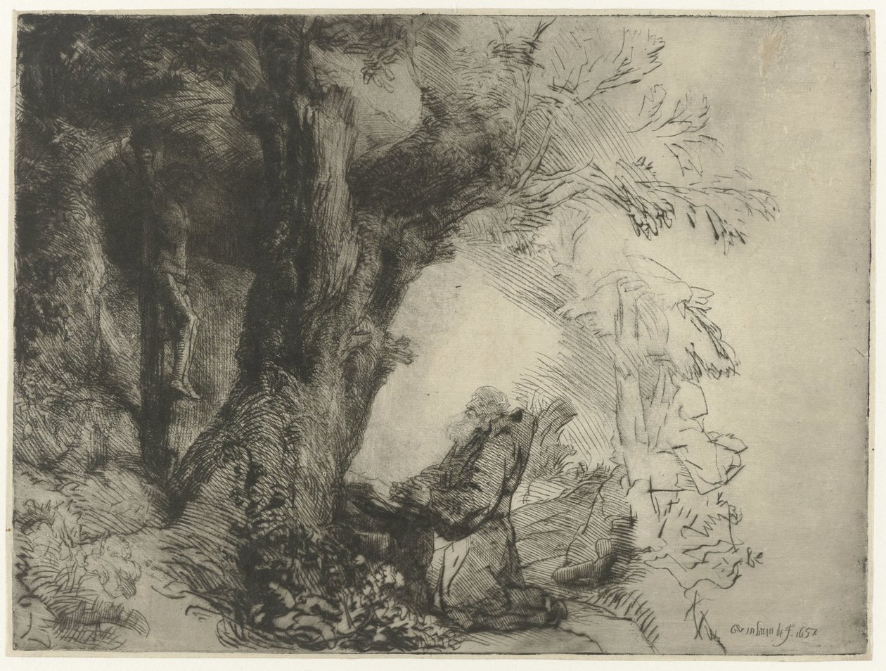 Saint Francis under et træ, beder St. Francis beder under et træ af Rembrandt van Rijn