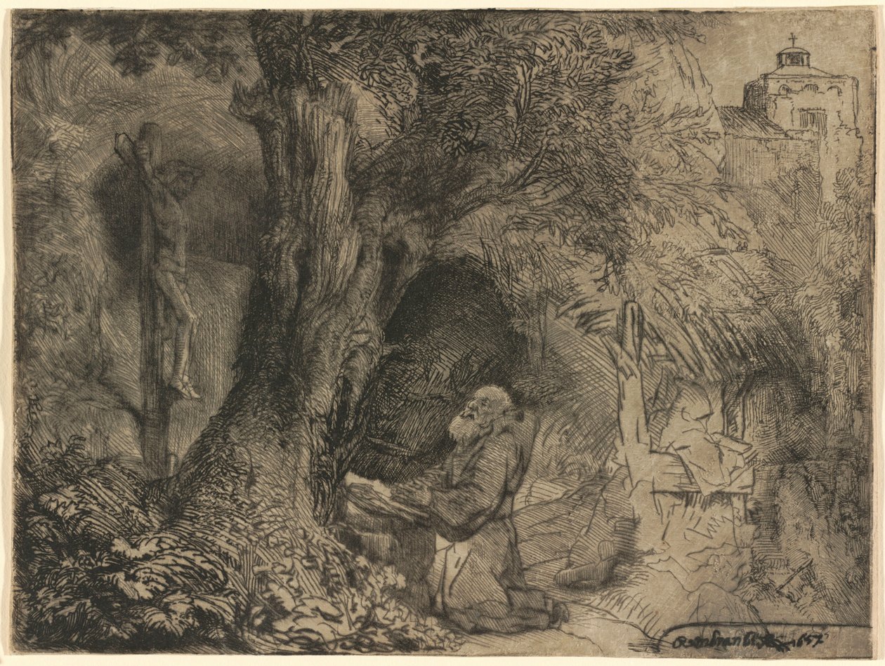 Sankt Frans under et træ i bøn af Rembrandt van Rijn