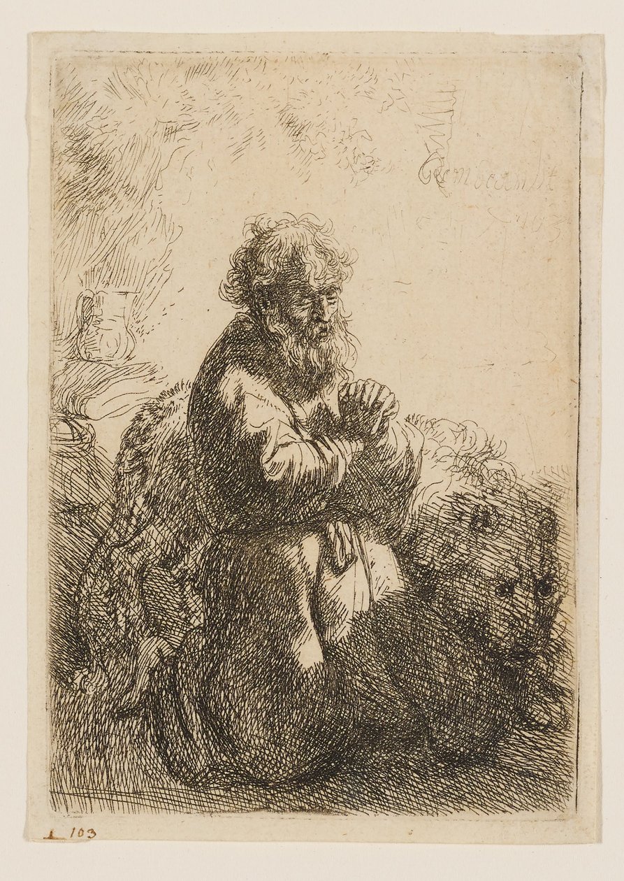 Den hellige Hieronymus knæler i bøn og ser ned af Rembrandt van Rijn