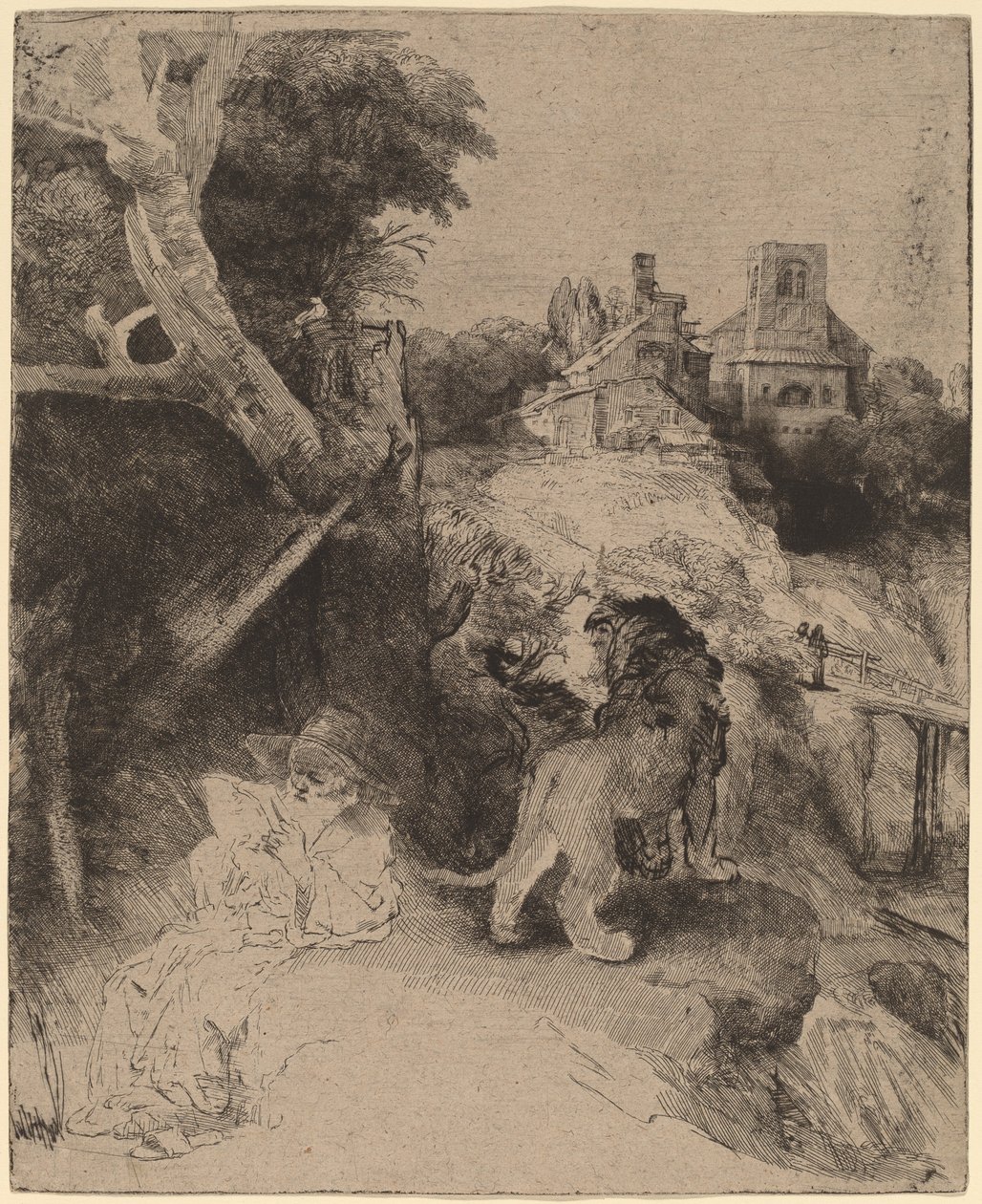 Sankt Jerome læser i et italiensk landskab af Rembrandt van Rijn