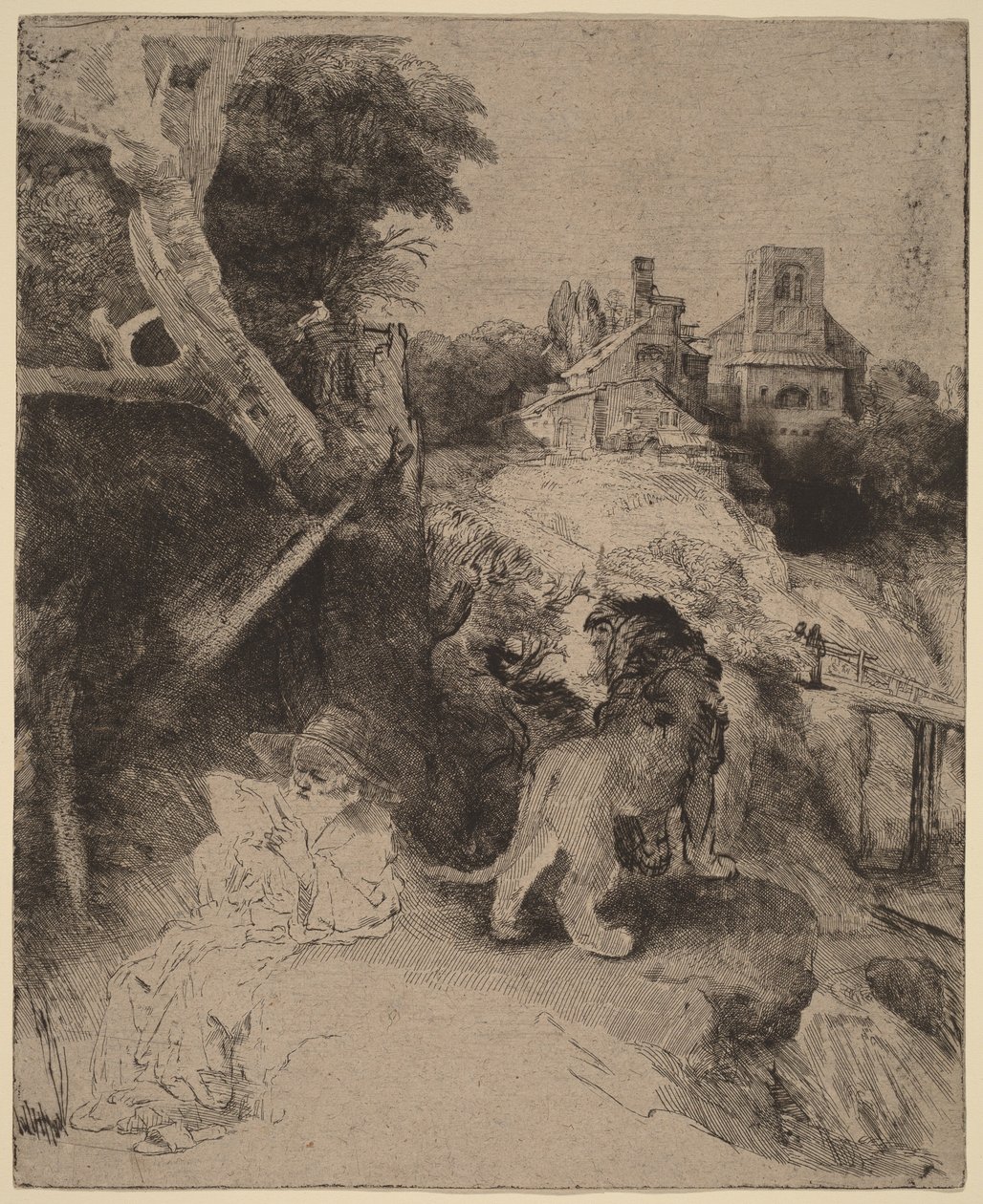 Den hellige Hieronymus læser i et italiensk landskab af Rembrandt van Rijn