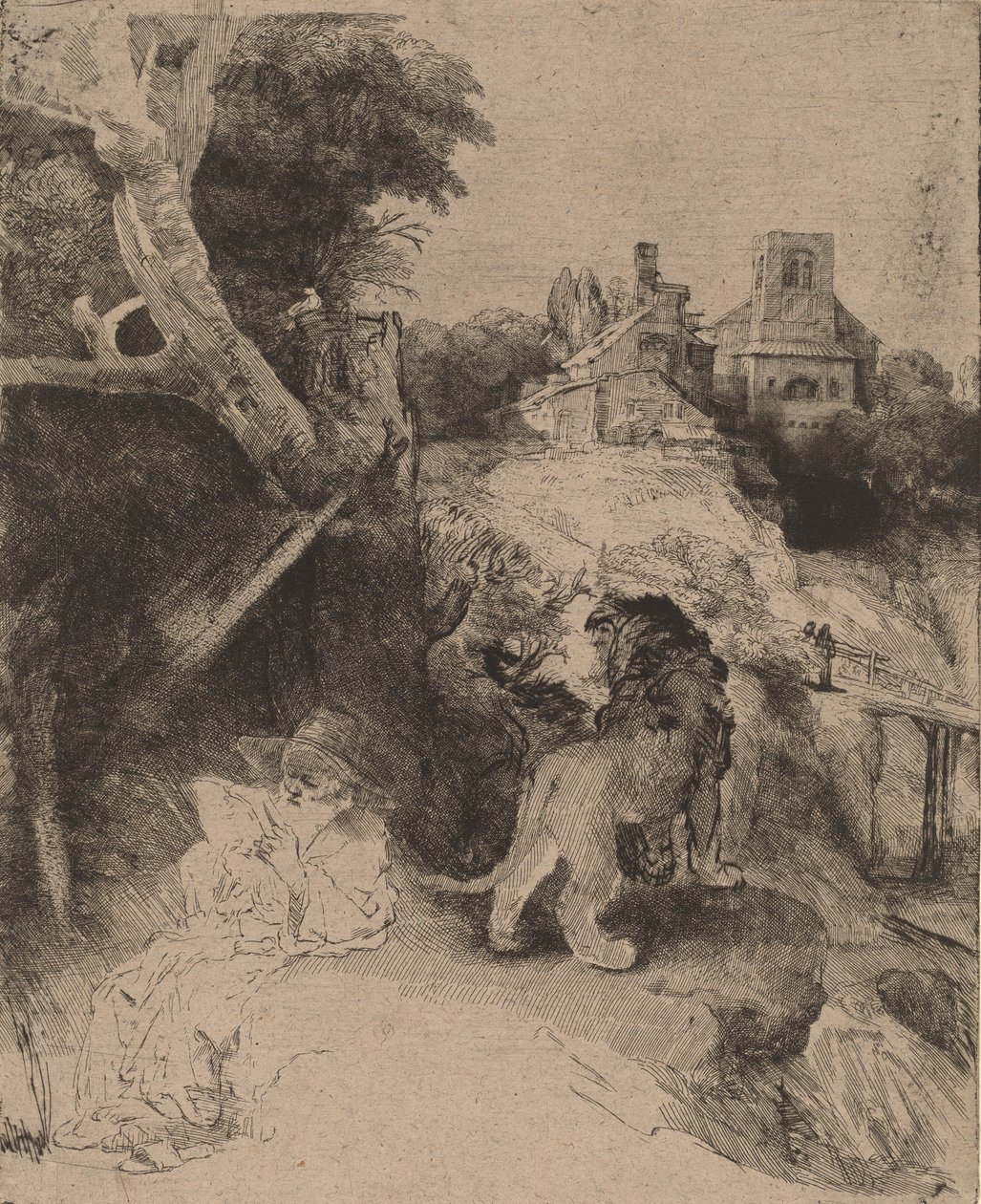 Sankt Jerome læser i et italiensk landskab, ca. 1653. af Rembrandt van Rijn