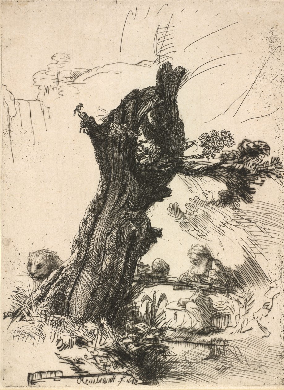 Saint Hieronymus ved siden af en Pollard Willow, 1648. af Rembrandt van Rijn