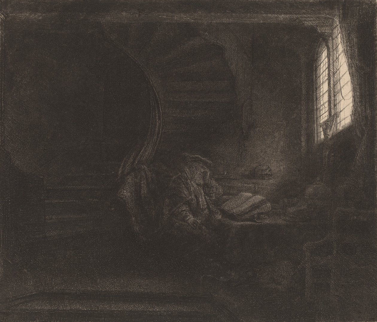 Sankt Hieronymus i et mørkt kammer, 1642. af Rembrandt van Rijn