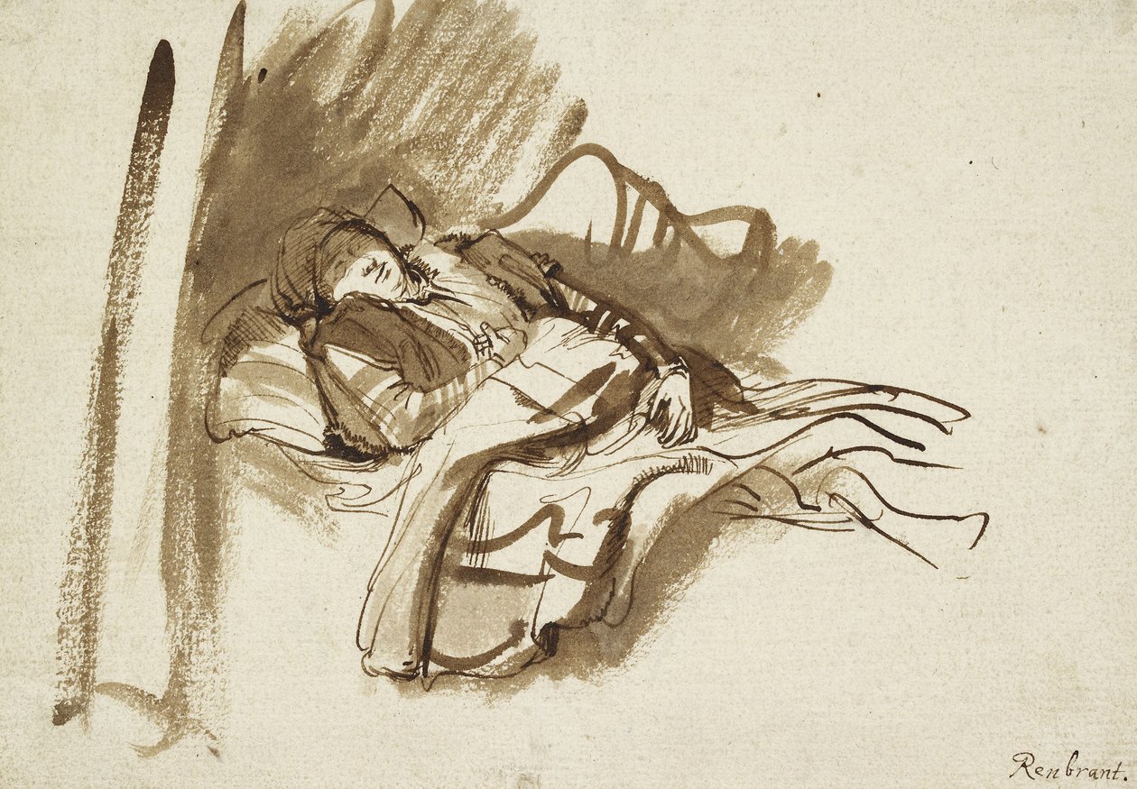 Saskia sover i sin seng (pen og brun blæk) af Rembrandt van Rijn