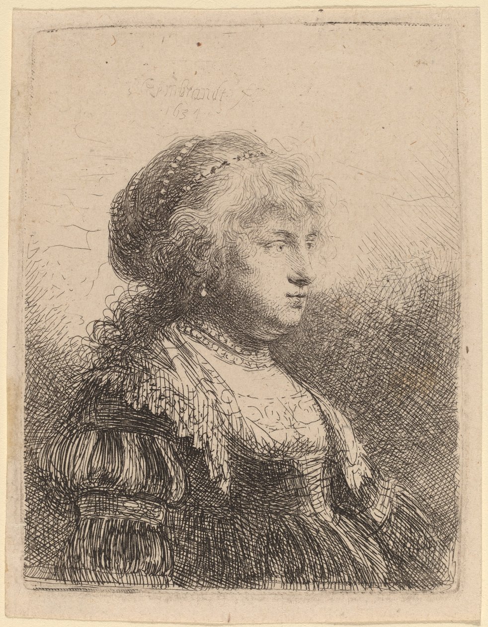 Saskia med perler i håret af Rembrandt van Rijn