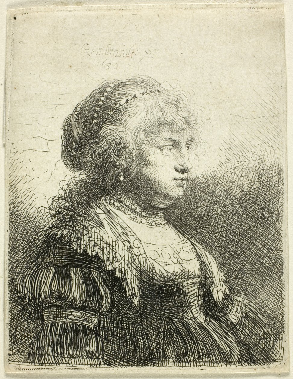 Saskia med perler i håret af Rembrandt van Rijn