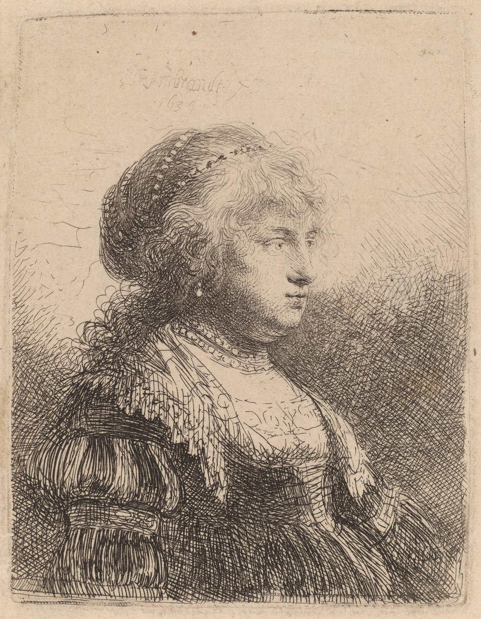 Saskia med perler i håret, 1634 af Rembrandt van Rijn