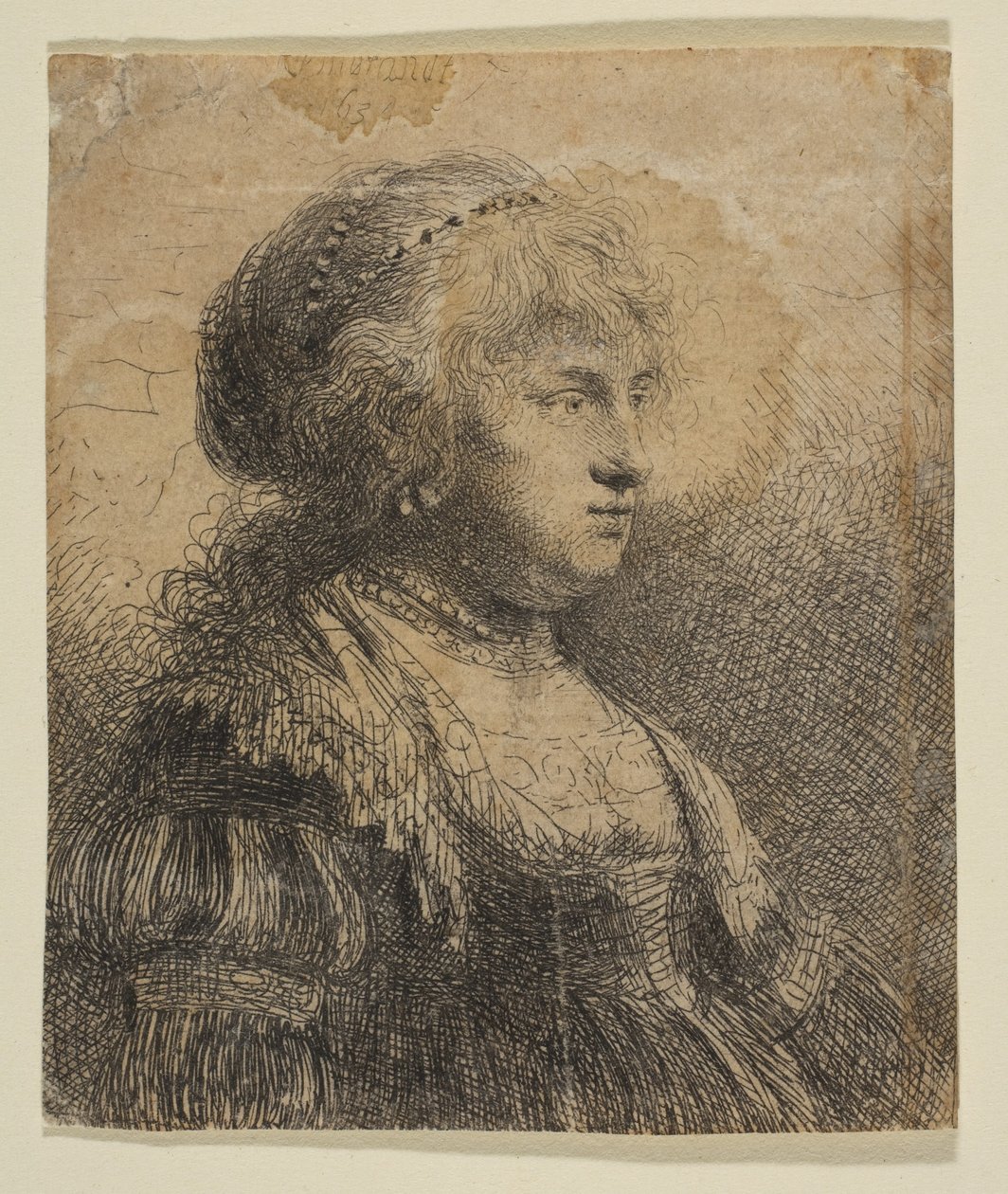 Saskia med perler i håret, 1634. af Rembrandt van Rijn
