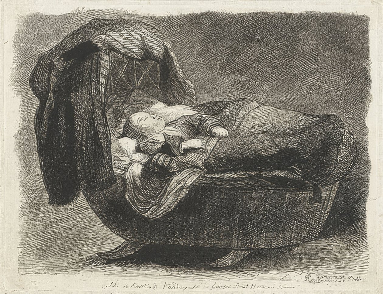 Sovende barn i en vugge (Slapend child in een wieg) af Rembrandt van Rijn