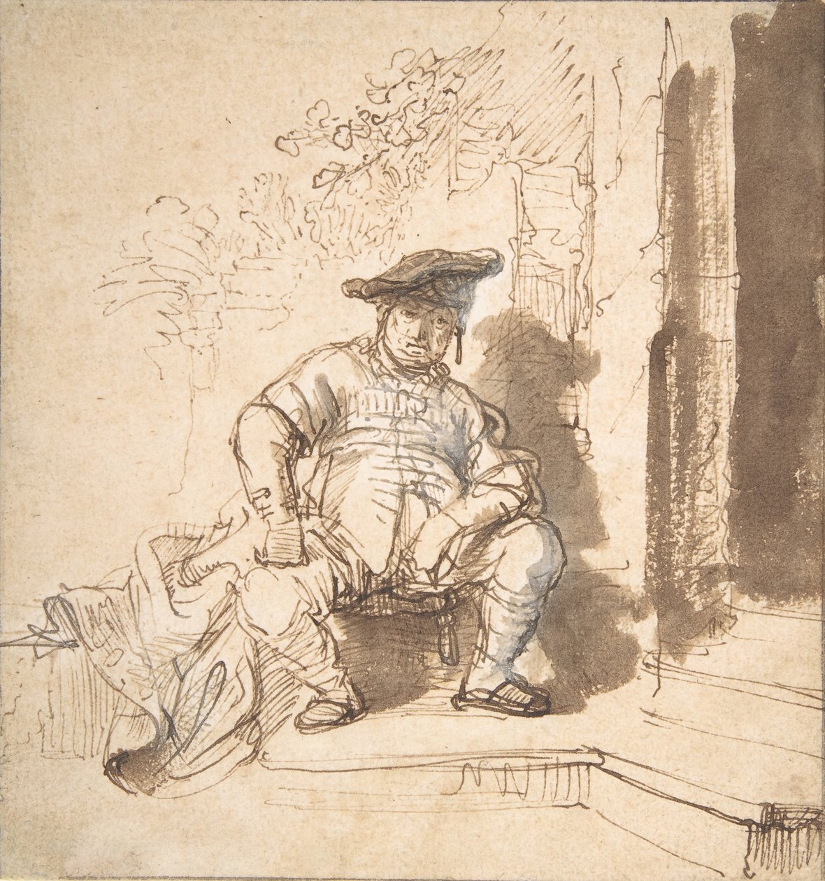 Siddende mand iført flad kasket, 1635-40. af Rembrandt van Rijn