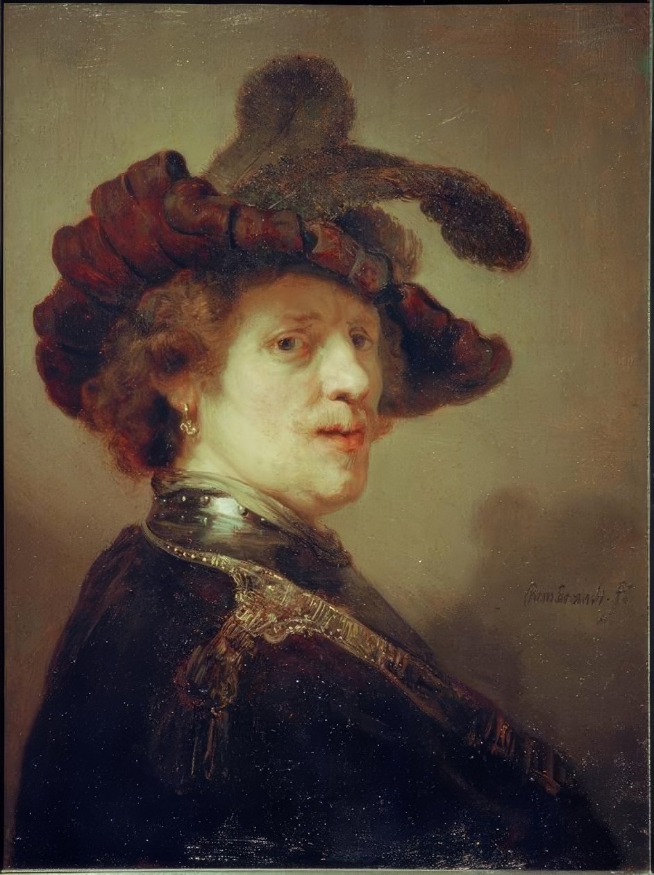 Selvportræt med fjerhat af Rembrandt van Rijn