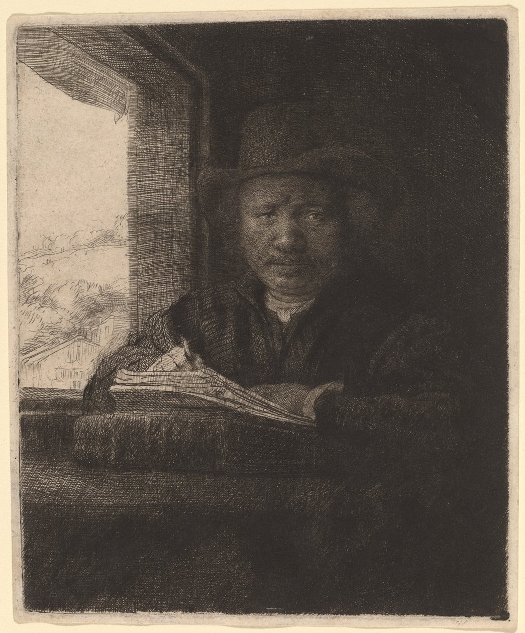 Selvportræt tegning ved et vindue af Rembrandt van Rijn
