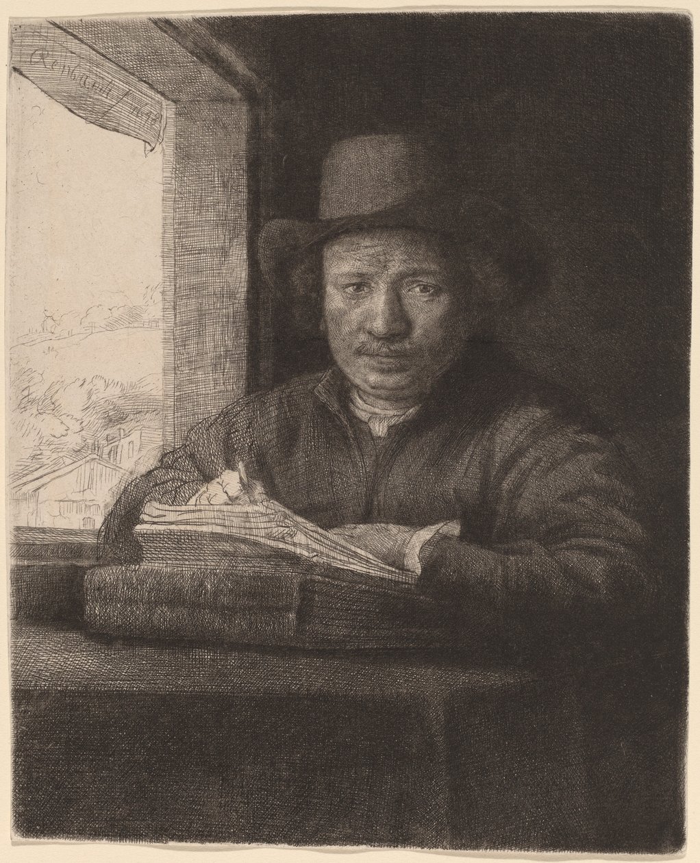 Selvportræt tegning ved et vindue af Rembrandt van Rijn