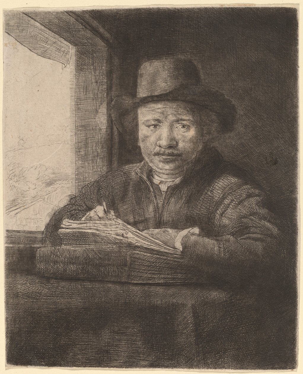 Selvportræt tegning ved et vindue af Rembrandt van Rijn