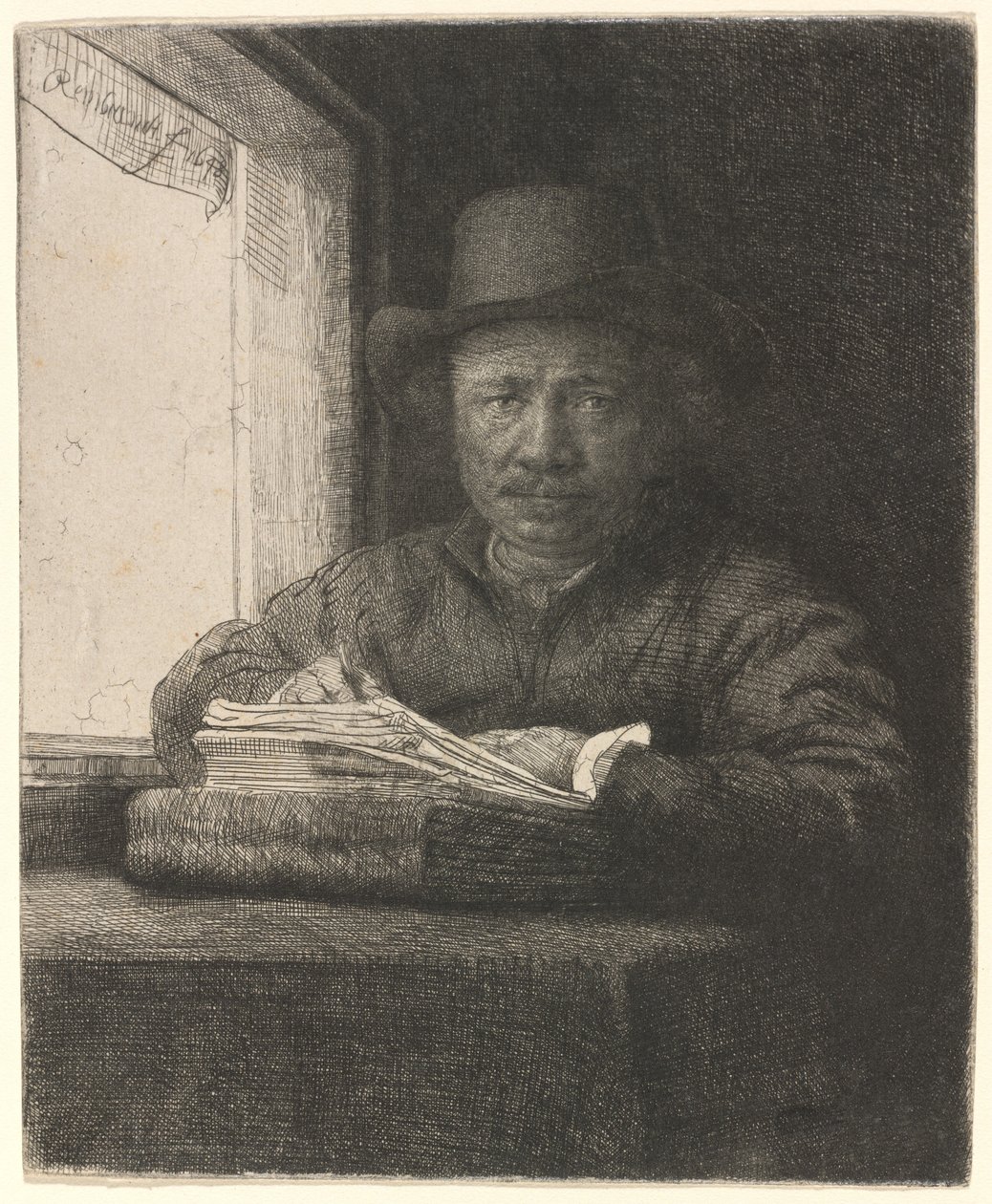 Selvportræt tegning ved et vindue af Rembrandt van Rijn