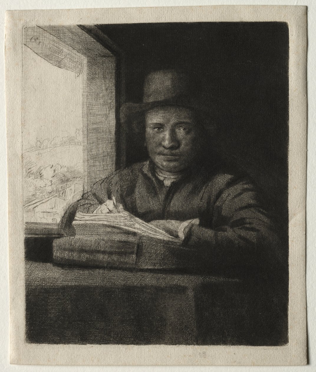 Selvportræt tegning ved et vindue af Rembrandt van Rijn