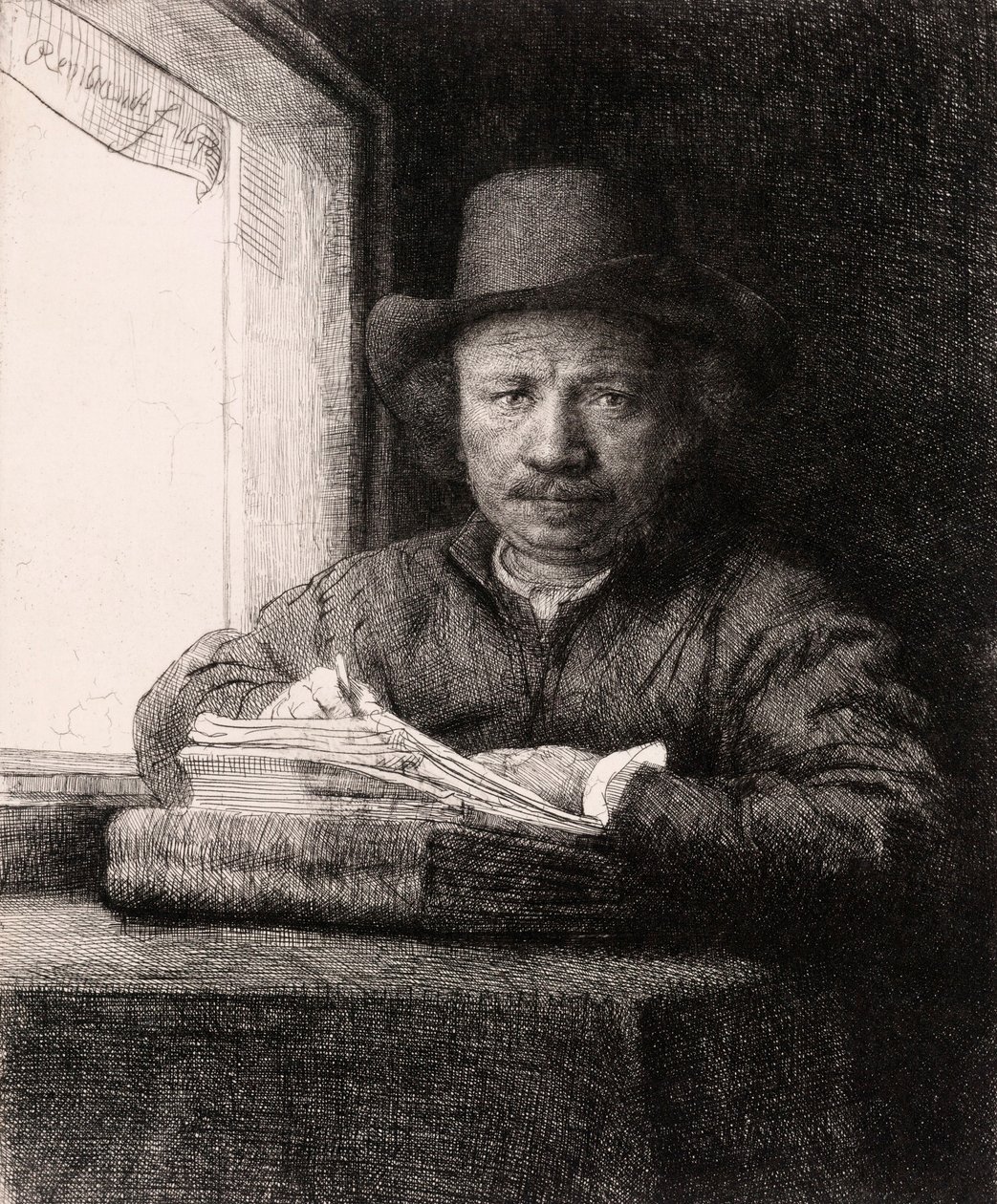 Selvportræt tegning ved et vindue af Rembrandt van Rijn af Rembrandt van Rijn