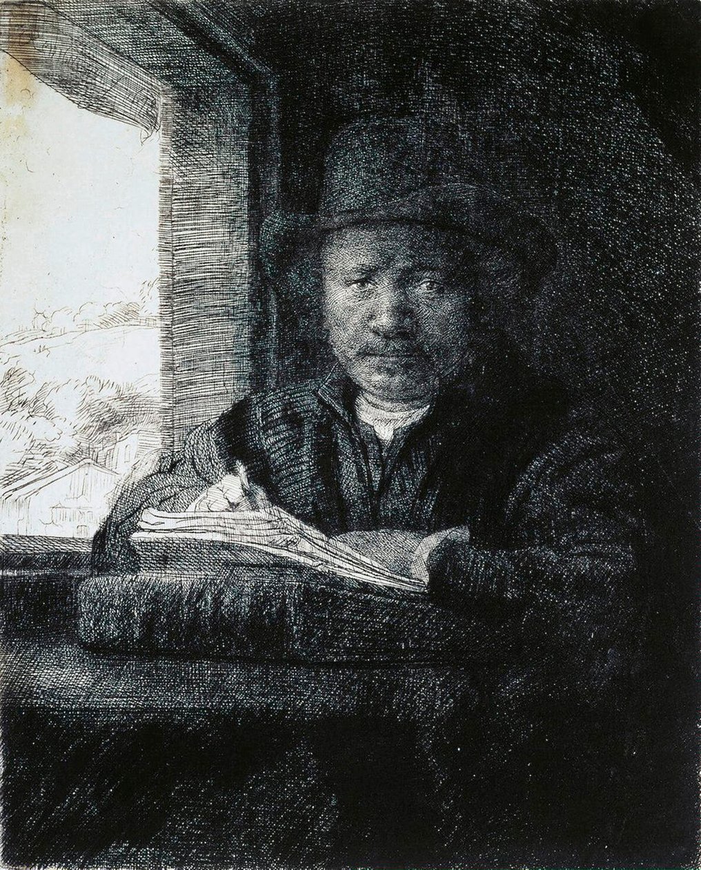 Selvportræt tegning ved et vindue, 1648. af Rembrandt van Rijn