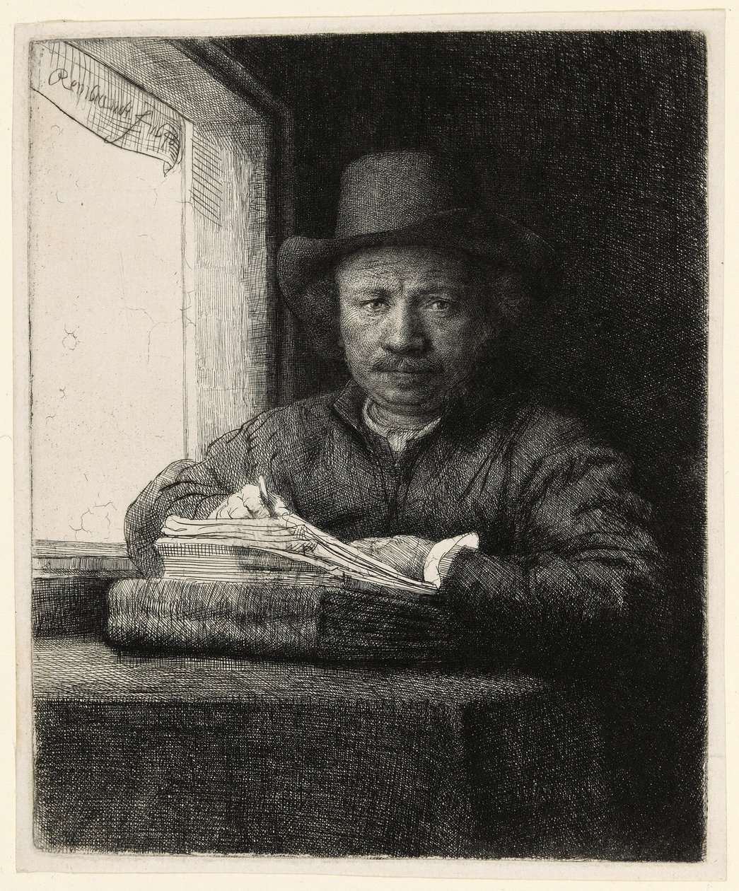 Selvportrætætsning ved et vindue af Rembrandt van Rijn