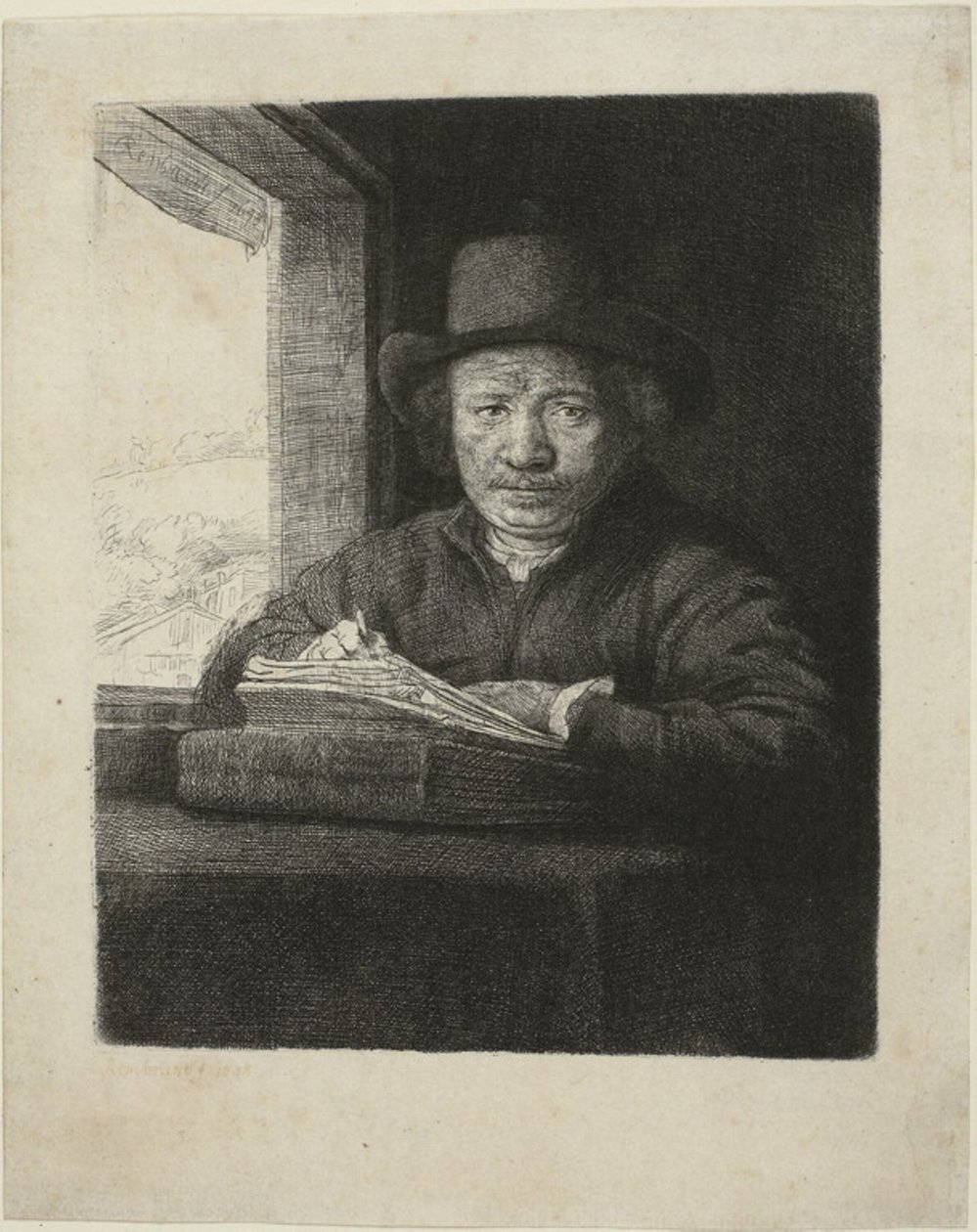 Selvportrætætsning ved et vindue af Rembrandt van Rijn