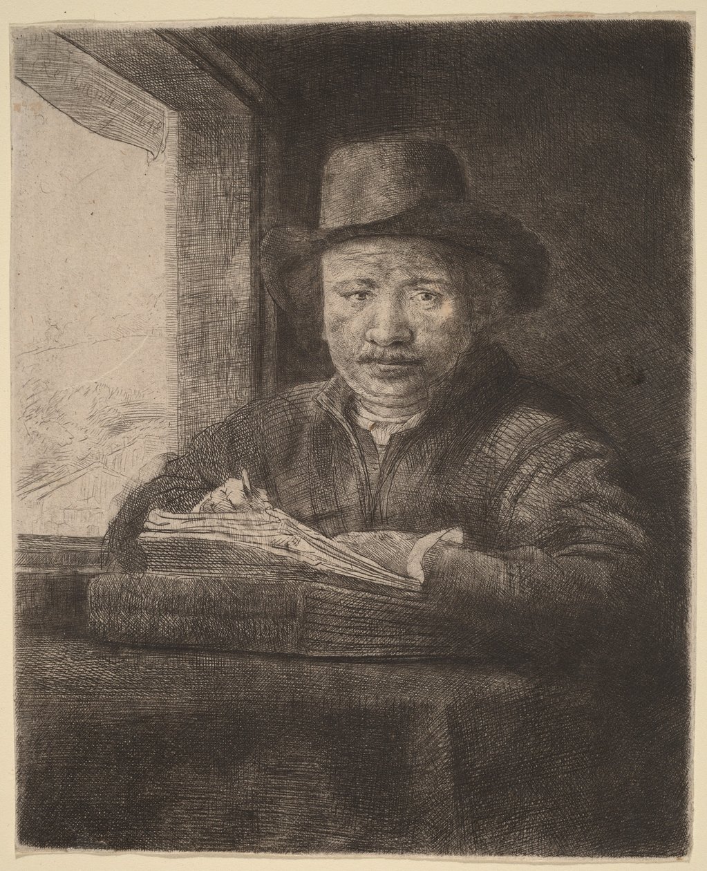 Selvportræt – radering ved et vindue af Rembrandt van Rijn
