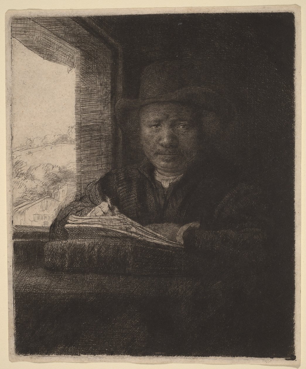 Selvportræt – radering ved et vindue af Rembrandt van Rijn