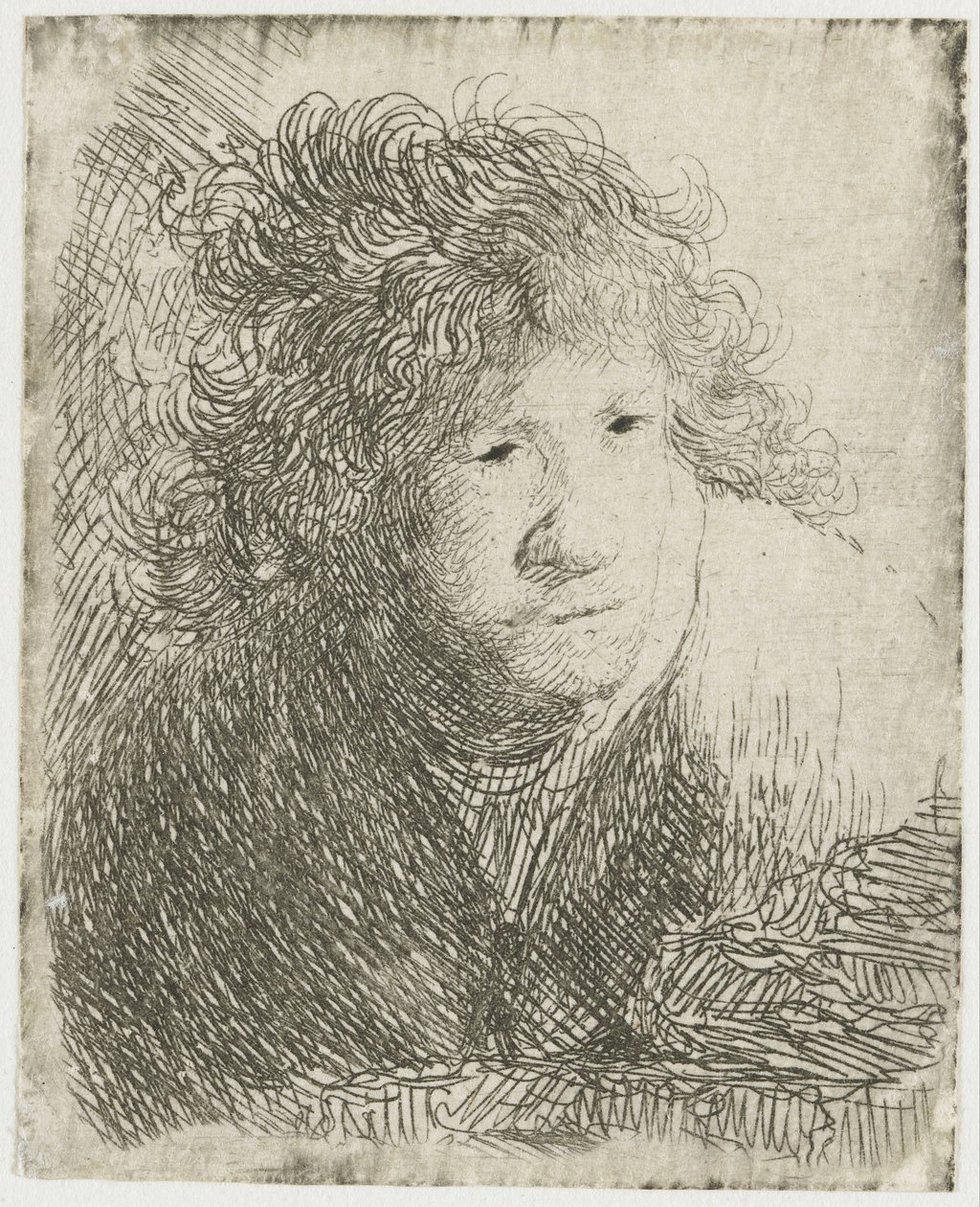Selvportræt, læner sig fremad, lytter, 1628. af Rembrandt van Rijn