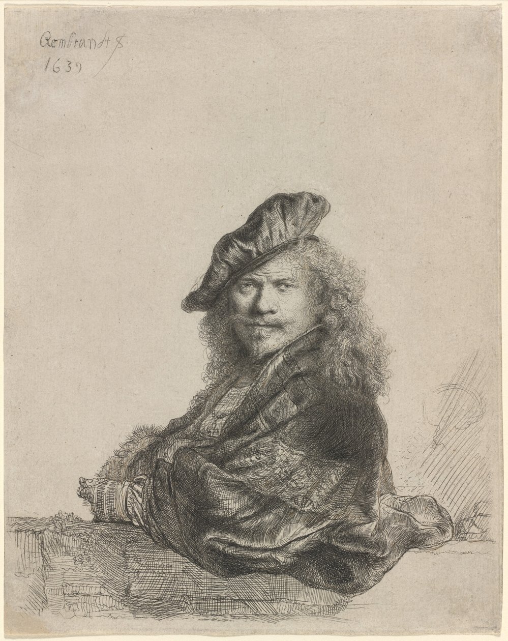 Selvportræt lænet på en stenkarm af Rembrandt van Rijn