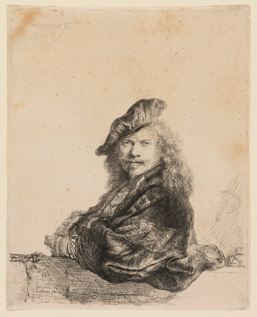 Selvportræt lænet på en stenkarm af Rembrandt van Rijn