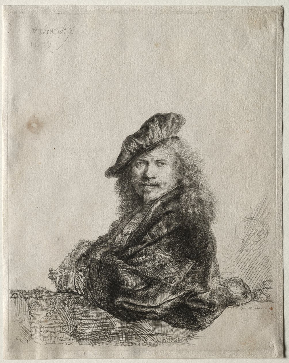 Selvportræt lænet på en stenkarm af Rembrandt van Rijn